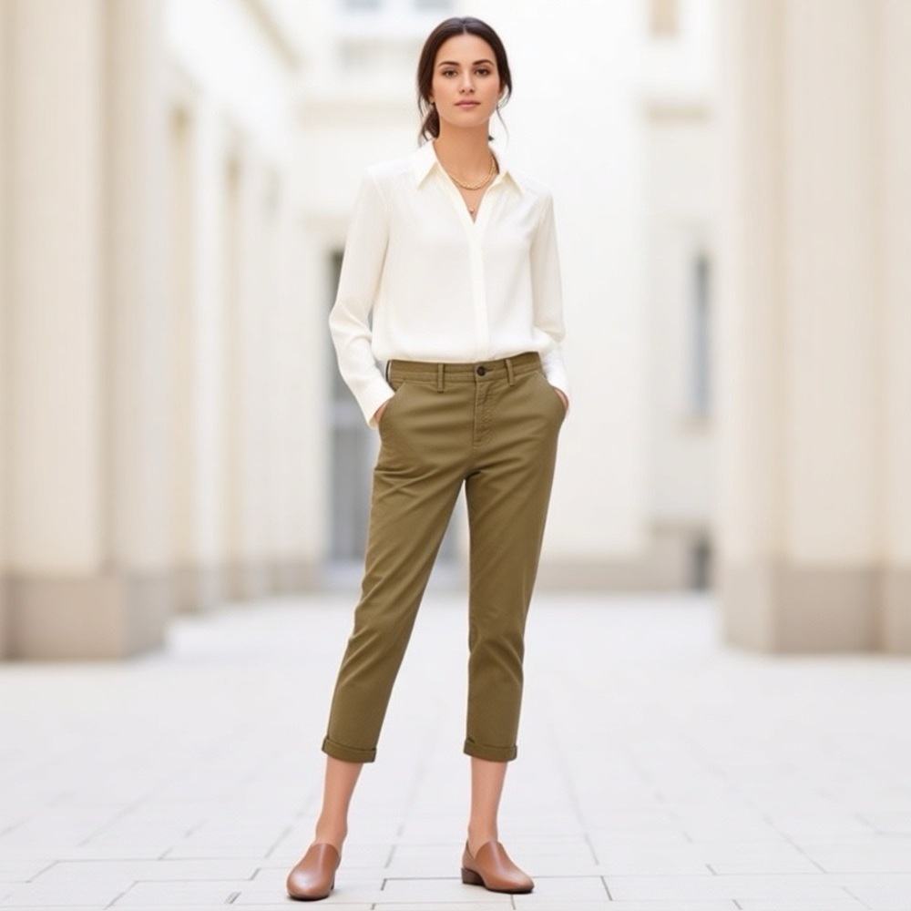 NWOT FRAME Le Beau Cropped Army Green Chino Pants Relaxed Straight Leg Sz: 27